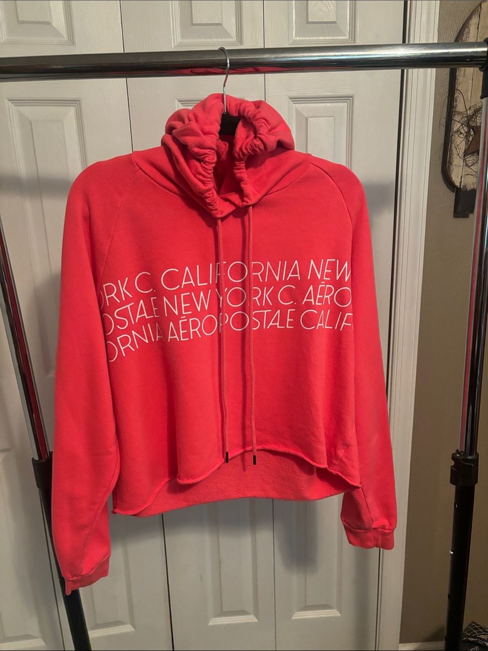 Aeropostale Bright Coral Cropped Hoodie with White Logo